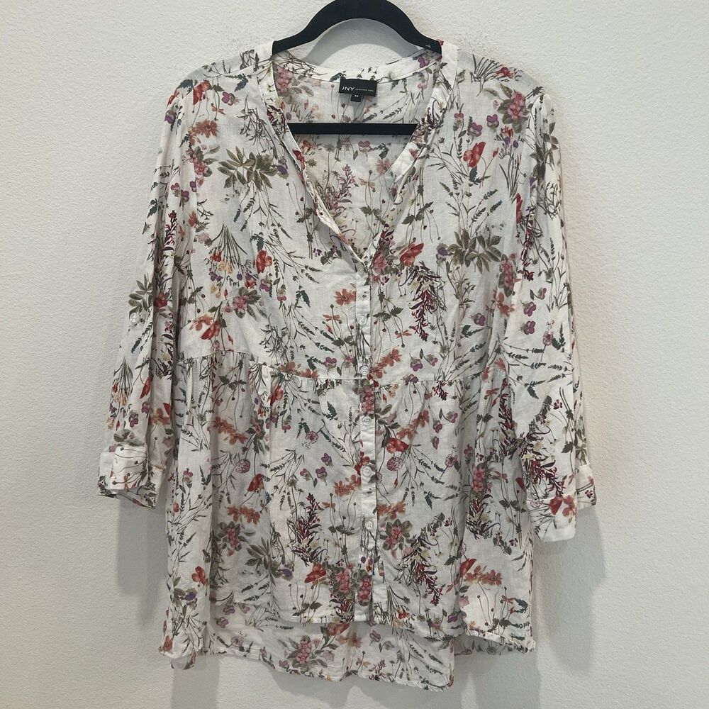 Jones New York Sport Womens 1X Linen Blend Floral Button Up Top Tab Sleeve